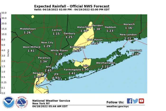 A NWS map showing expected rainfall Monday night